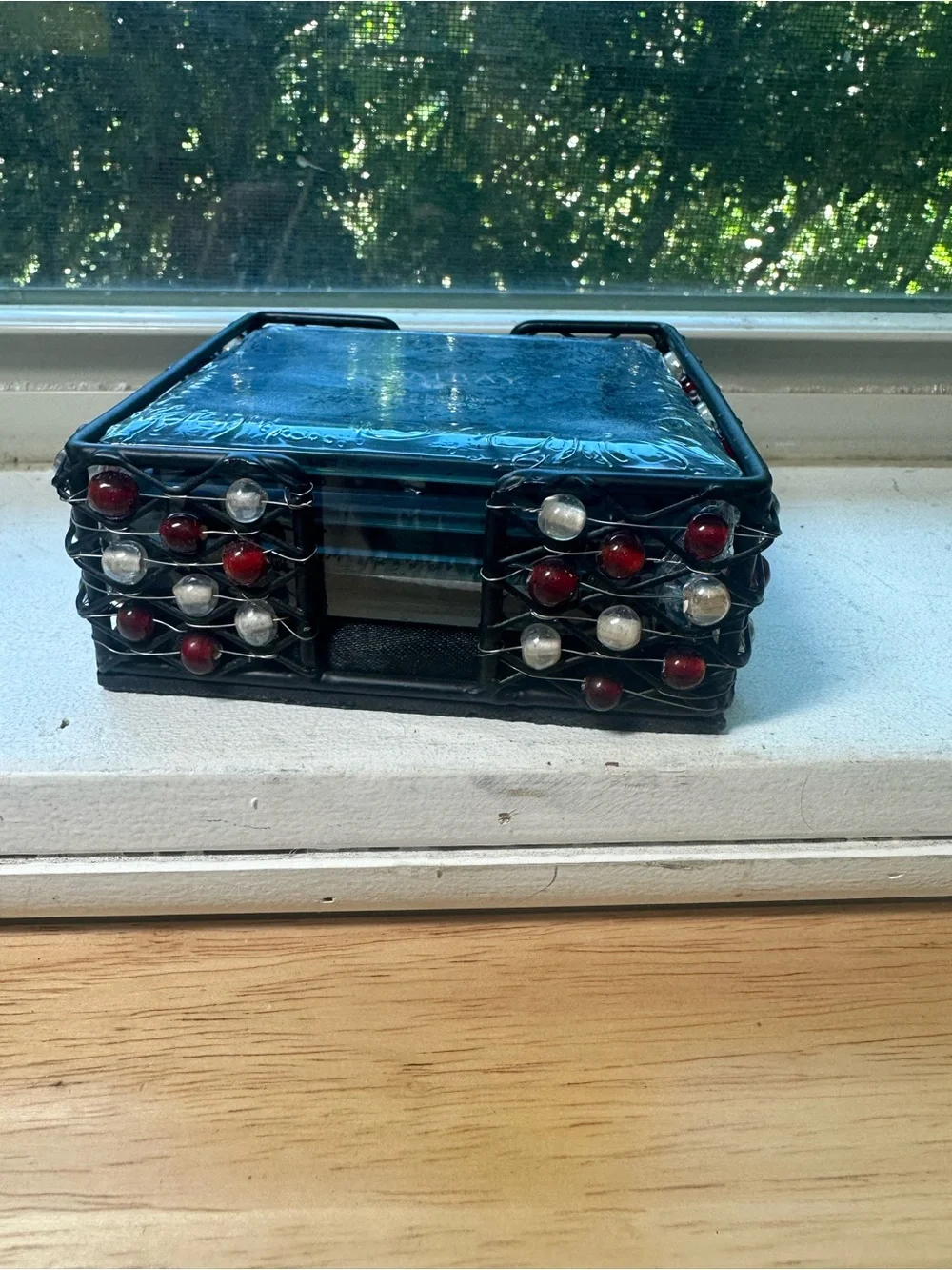 Bombay Co beaded caddy with four glass 2 x 5” x 2 x 5” photo coaster set